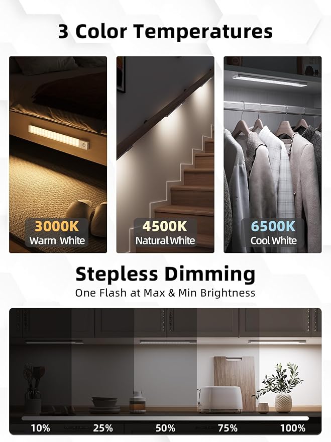 EZVALO Under Cabinet Lighting with Charging Station, 11.8'' Motion Sensor Light Indoor, 1500mAh Rechargeable LED Light, 3 Color Temperatures, Dimmable Counter Lights for Kitchen, Closet, Stair (3Pack)