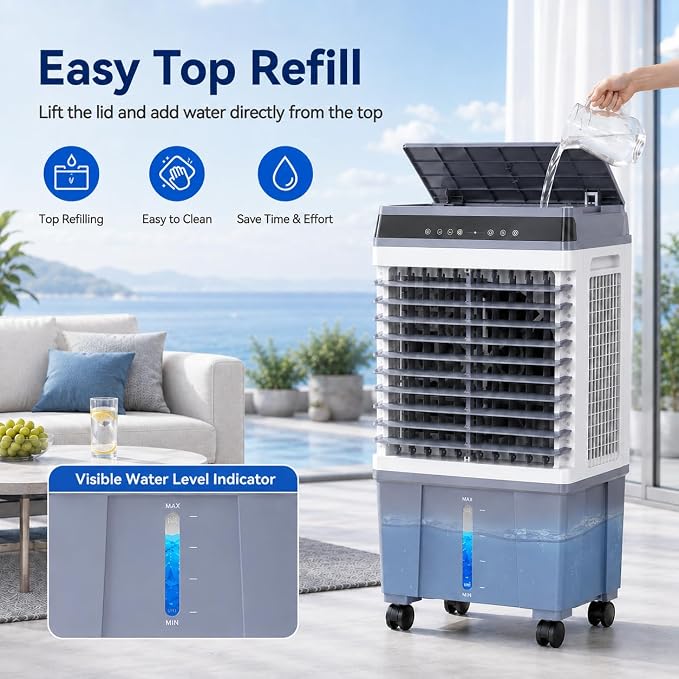Evaporative Air Cooler, 5.8 Gal Portable Swamp Cooler,3 Speeds, 120° Oscillation, 1–12H Timer, Remote, 4 Ice Packs, for Patio, Garage, Bedroom, Small Room