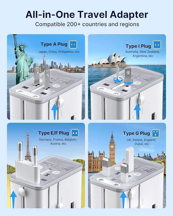 VINTAR 70W GaN Universal Travel Adapter, 5 in 1 with 3 USB-C PD& 1 USB-A QC | International Power Adapter with 70W GaN Fast Charging, All-in-one for EU UK USA AUS, Worldwide Travel Essentials, White