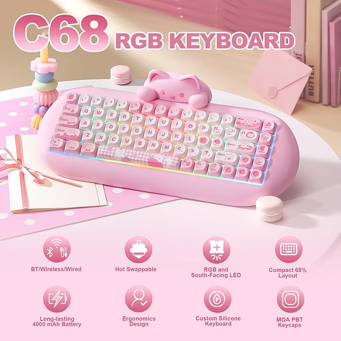 YUNZII C68 Wireless Mechanical Keyboard,65% Layout,Hot Swap,Triple Mode BT5.0/2.4G/Wired, RGB Backlit NKRO,Cute Cat Silicone Ergonomic Design for Win/Mac (Pink, Milk Switch)
