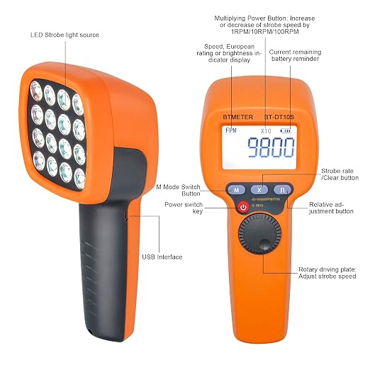 BTMETER Handheld Stroboscope 60~99999 RPM, Digital Strobe Light Tachometer BT-DT10S, Estroboscopio Non Contact Motor Engine Speed Analyzer Measure Hz Velocity w/High Accuracy 0.001%