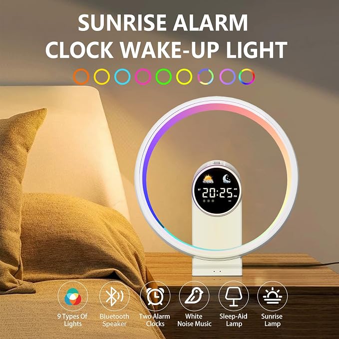 Table Lamp Sunrise Alarm Clocks for Heavy Sleepers for Bedrooms, White Noise Sound Machine Adults, Bluetooth Digital Dual Alarm Clock with USB Port, Timer, Dimmer, Room Decor