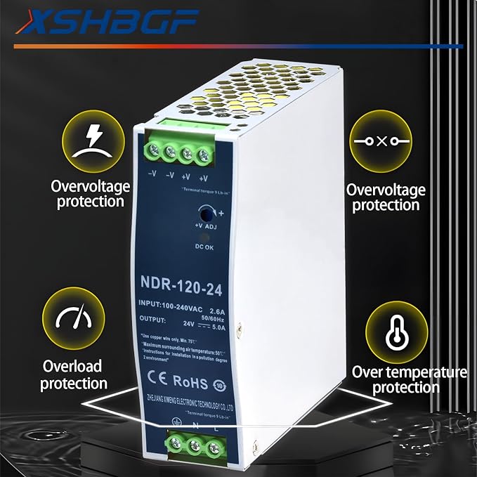 24VDC Power Supply NDR 120W DIN Rail Power Supply Switch Switching Converter DC (Input 100-240VAC Output 24VDC 50/60HZ 24V 5A 2 PCS)
