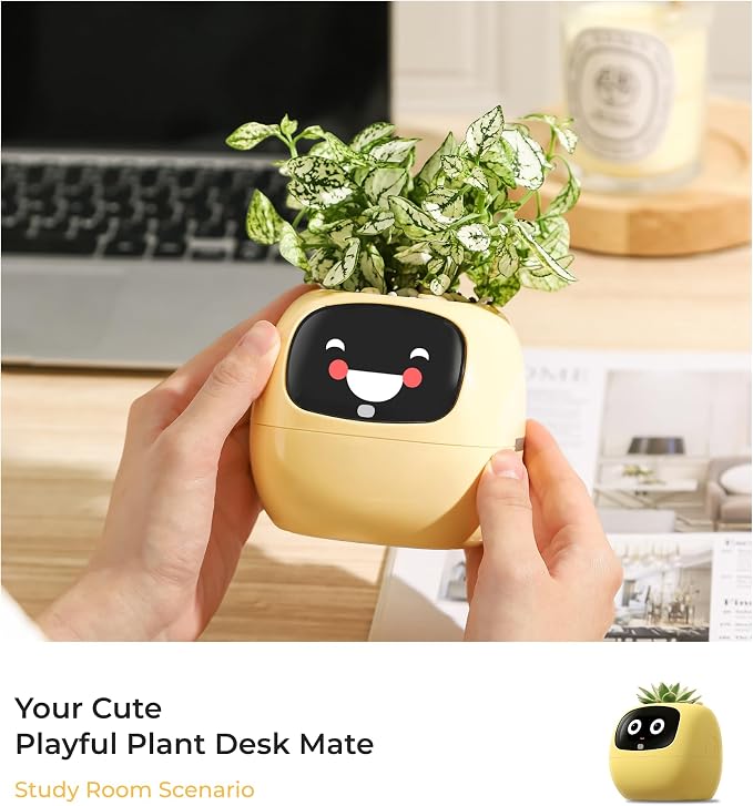 PLANTSIO Ivy AI Smart Planter Intelligent Flower Pot for Home Decoration Plants Companion Neat Desk Setup Gift Pet Planter Robot Guidance on Plant Care with Emojis (Orange)