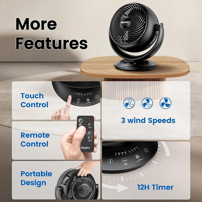 EasyAcc 12 Inch Quiet Fans for Bedroom, Air Circulator Desk Fan with Remote, 3D Auto Oscillating Table Fan for Whole Room, 65ft Powerful Airflow, 90° Vertical+90°, 12H Timer, 25dB Bedside Fan, Home