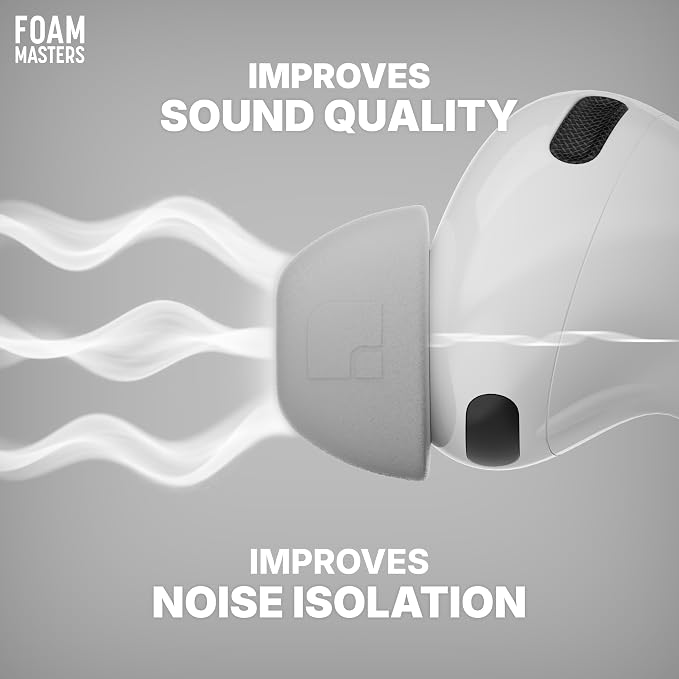 Foam Masters Ultra-Premium Memory Foam Ear Tips for AirPods Pro 3rd Gen (2025) | 3 Pairs | New Ver. | Secure Fit | Super Comfort | Better Noise Cancel | Replacement Buds (Assorted S/M/L, Gray)