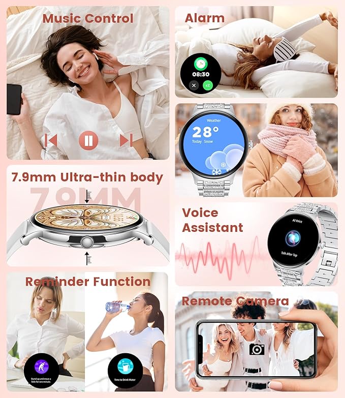 LIGE Ultra-Thin Smart Watch for Women,1.43" Always-on Display Smart Watch with Bluetooth Call,Health Tracker 100+ Sports Modes, Mutifuction Women Smartwatch for Android iOS 2 Straps(Silver)
