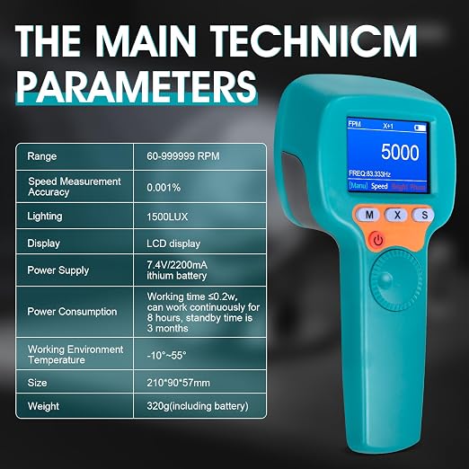 Digital Handheld Stroboscope 60-999,999 FPM/Hz Non Contact Strobe Tachometer, Adjustable Flash Rate LED RPM Meter with 0.001% High Accuracy for Motor, Fan, HVAC, Car, Industrial - RQ-DT100B