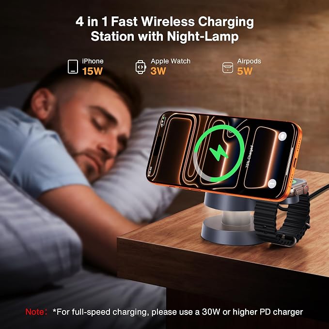 iVANKY 4 in 1 Wireless Charging Station with Night-Lamp for MagSafe Charger Travel Stand, 3 in 1 Charge for iPhone 17e/17/16/15/14/13/12/11, Apple iWatch, Airpods（Included 100W Adapter