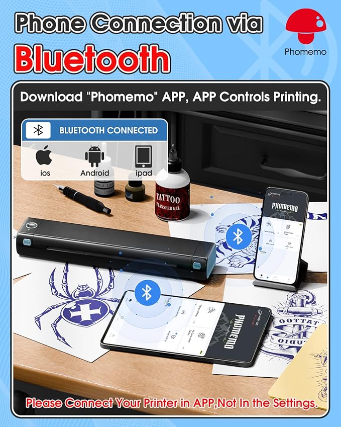 Phomemo Tattoo Stencil Printer, M08F Wireless Thermal Tattoo Printer with 10pcs Transfer Paper, Compatible with Phone/Tablet/PC, Tattoo Supplies for Tattoo Artists & Beginners, Black & Blue ﻿