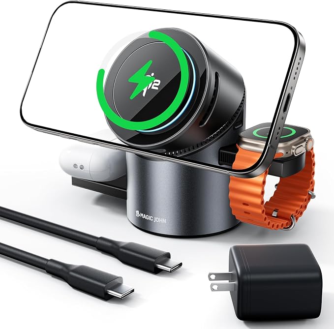 MAGIC JOHN 3 in 1 Charging Station for Apple, Qi2 15W iPhone Wireless Charging Station, Magsafe Charger Stand for iPhone 17 Pro Max 16 15 14 13 12 - Apple Watch iWatch Ultra - AirPods 2/3/4/Pro