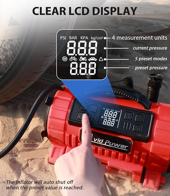 AVID POWER Tire Inflator Portable Air Compressor, 12V DC/110V AC Car Tire Pump with Inflation and Deflation, 5 Preset Modes, Digital LCD Gauge for Car Tires, Bike, and Air Mattress (Dark Red)