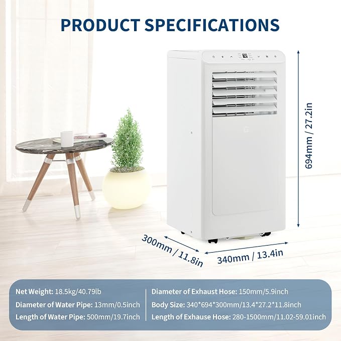 8000 BTU Portable Air Conditioners, 4-In-1 Portable AC Unit for Rooms Up to 350 Sq. Ft, Dehumidifier, Fan, Energy Saving, Remote Control, 24 Hour Timer, Sleep Mode, for Bedroom/Office,White