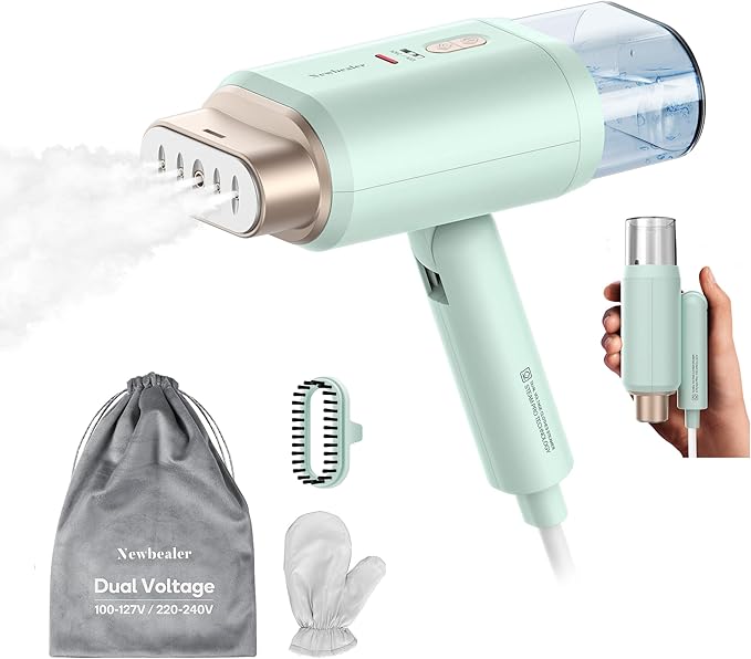 Newbealer Pro Business Travel Steamer, 1200W Dual Voltage, 180ml (Green) | Foldable & 20s Fast Heat, 360° Anti-Spill Garment Steamer, Solid 1.72 lbs, Auto-Off, for Global Business Trip/Hotel/Office