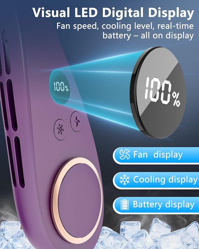 Neck Fans that Blow Cold Air,5500mAh Whisper Quiet Fan,5 Speeds & 3 Cooling Modes, USB-C Quick Charge,LED Shows Battery & Speed, 360° Airflow, Lightweight Wearable AC for Women Men Adults Kids Purple