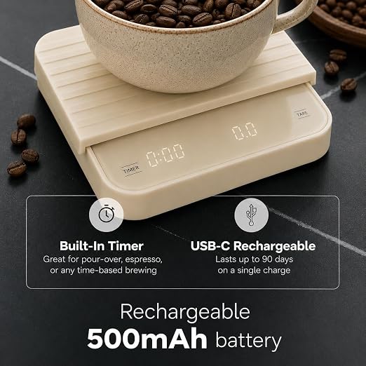 Aviora Coffee Scale with Timer – 0.1g Precision USB-C Rechargeable Digital Espresso Scale, LED Display, Tare Function for Pour Over & Barista Brewing