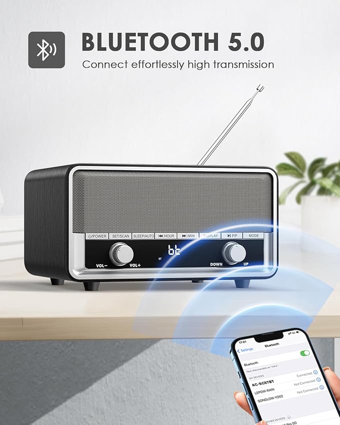 Vintage Wood AM FM Radio with Bluetooth, Retro Bluetooth Speaker Radio with LCD Display | 40 Presets | Sleep Timer | No Alarm for Office,Home, Kitchen (Space Black)