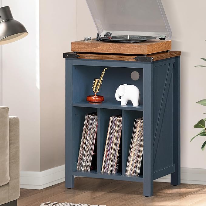 Joaxswe Record Player Stand with Vinyl Record Storage,Navy Blue Record Player Table Holds up to 160 Albums,Large Wood Turntable Stand Cabinet Dispaly Shelf for Living Room,Bedroom,Office