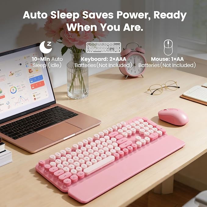 Wireless Keyboard and Mouse Combo with Magnetic Wrist Rest, Round Keycaps, Full-Size Retro Typewriter-Style, Two-Stage Tilt Legs, Auto-Sleep, 2.4G Wireless for Windows Mac Laptop PC, Soft Blush Pink