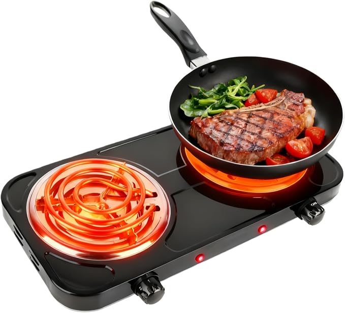 2000W Double Burner Cooktop, Portable Electric Stove, Coil Hot Plate Cooking Stove with 5 Temperature Adjustments, Countertop Burner Cooktop for Camping Home Dorm