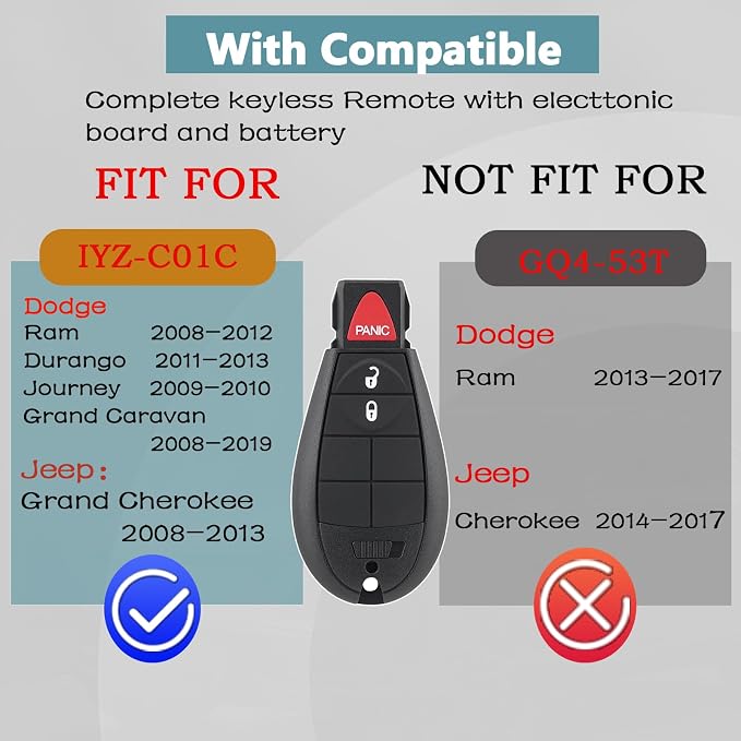IYZ-C01C DIY Key Fob FOBIK kit Replacement for 2008 2009 2010 2011 2012 Dodge Ram 1500 2500 3500 Journey Durango Grand Caravan Jeep Grand Cherokee Keyless Entry Remote Key with Easy OBD Tool
