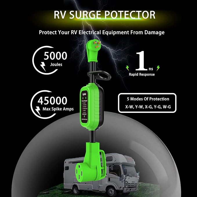 EyGde 50 Amp to 15 Amp 110V RV Adapter with Surge Protector 5000J, Patented 5-15P Male to 14-50R RV Adapter Plug 16.3 Inch, Circuit Analyzer Protector for Camper Trailer, Green
