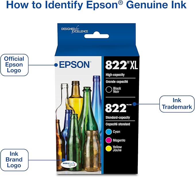 EPSON 822 DURABrite Ultra Ink High Capacity Black & Standard Color Cartridge Combo Pack (T822XL-BCS) Works with WorkForce Pro WF-3820,3823, 4820, 4830, 4833, 4834