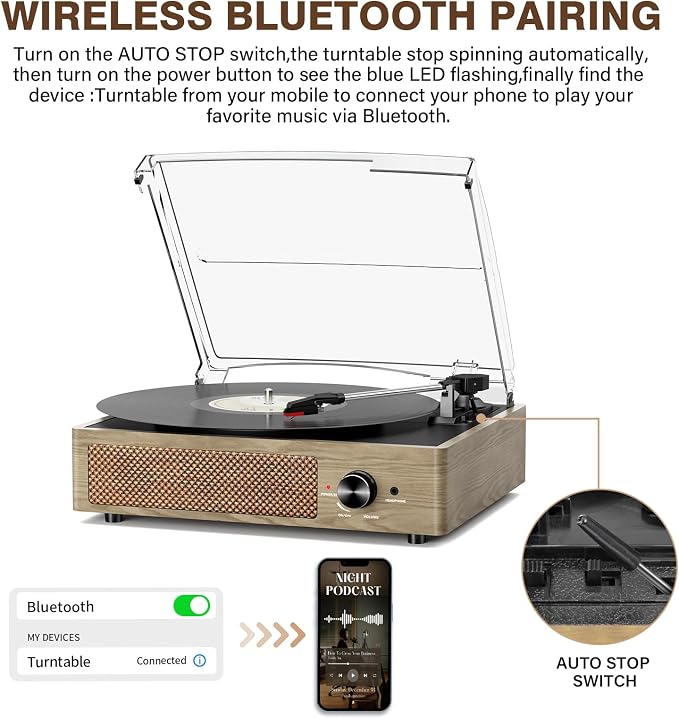 Bluetooth Vinyl Record Player,3-Speed Turntable with Stereo Speakers Vintage Phonograph Record Player, with RCA Line Out AUX in Headphone Jack Grey Wood