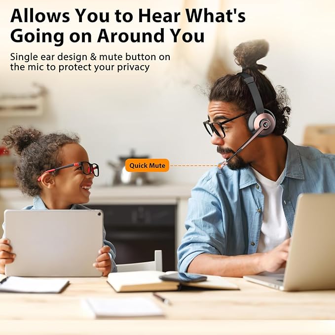 Wiressless Headset with Mic for Work, Bluetooth Headset with Noise Cancelling Microphone, On Ear Wireless Headphones with USB Dongle & Charging Base & Mute Function for Work from Home Computer Office