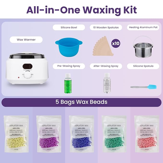 Sunvivi Wax Kit Digital Hair Removal Waxing Kit for Women & Men, Hot Wax Warmer Pot with 5 Bag Hard Wax Beads, Wax Melt Warmer Kit for Full Body, Legs, Face, Bikini,Sensitive skin, White
