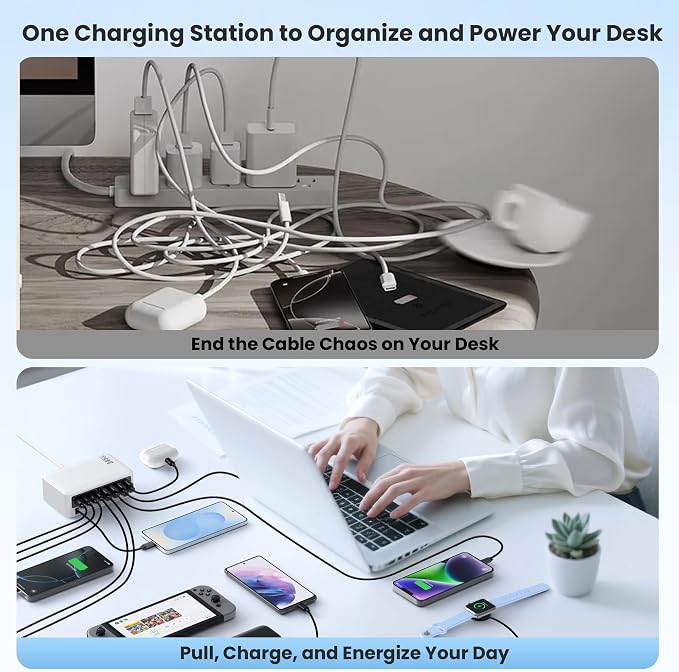 345W USB C Charger 10 in 1 Retractable Wall Charger with 2 Cables,GaN 6 USB C Charging Station Phone Charging PD Laptop Charger Adapter for MacBook Pro/Air,DELL,iPhone17/16/15,Galaxy S24,Android etc