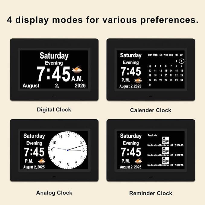 SSYA Dementia Clocks with Day and Date for Seniors,13 Alarms Custom Reminders, Extra Large Digital Calendar Clock for Elderly. (Black)