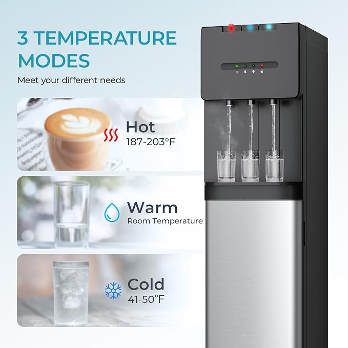 EUHOMY Bottom Loading Water Cooler Dispenser for 5 Gallon Bottle, 3 Temperature Settings – Cold, Warm & Hot, with Child Lock, LED Display Light, Water Cooler for Home, Office, Apartment, Black