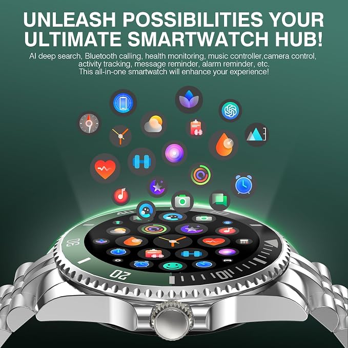 SOUYIE GPT AI Smart Watch for Men, Bluetooth Call Heart Rate Blood Pressure Blood Oxygen Sleep Monitor, 107 Sports Modes 1.19" AMOLED Display Waterproof Fitness Tracker Android iOS, 44mm Silver Green