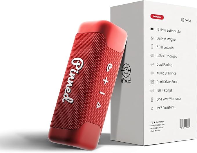 Pinned The Sound Stick Speaker - 100% Waterproof Shower Speakers - Magnetic, Wireless Speakers with Bluetooth for Outdoors - Golf Gifts for Men - 15+ Hour Battery Life, Dual Speaker Pairing - Red