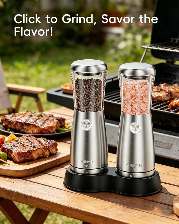 Electric Salt and Pepper Grinder Set - Automatic Stainless Steel Rechargeable Salt and Pepper Grinder Set with Storage Base, Large Capacity, LED Light & Adjustable Coarseness, Ideal Kitchen Gadget