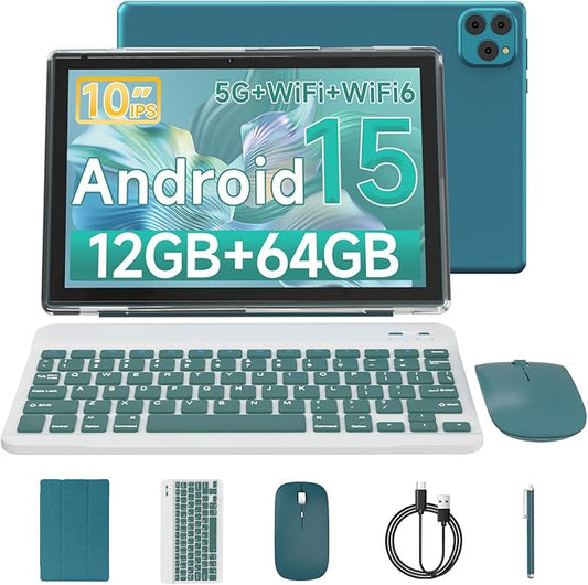 Tablet Android 15 10 Inch 12GB RAM+64GB ROM/ 1TB Expandable Tablet, 1280 * 800 HD Touch Screen, 5G WiFi6 BT 5.0, 2 in 1 Tablets with Keyboard Case Mouse Stylus (Navy Blue)