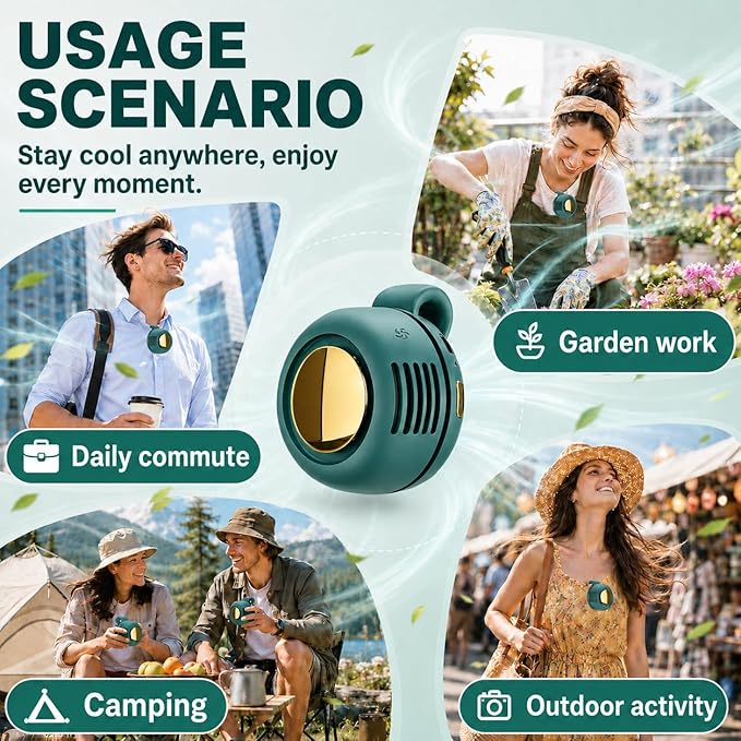 Portable Silent Mini Bladeless Fan Clip On, Small Fan Clip on for Shirt & Waist, Adjustable 3-Speed Suspended Whirlwind Fans, For Outdoor & Travel & Office, Travel Accessories (1, green)