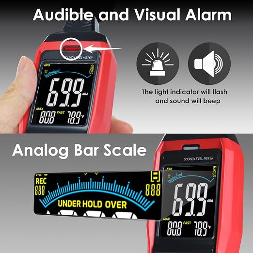 Decibel Meter Data Logger Digital Sound Level Meter with Alarm, A/C/Z Weighting dB SPL Meter 30~130dB, 1999 Data Record, Noise Measure Device with Data Hold Backlight for Home, Factory, Classroom
