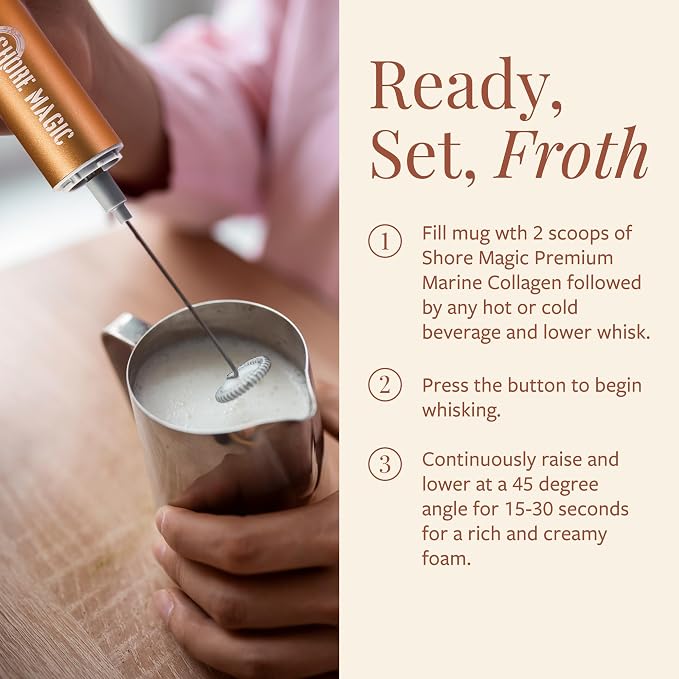 Shore Magic Premium Stainless Steel Handheld Milk Frother – Battery Operated Mini Blender/Whisk – Creates Rich, Creamy Froth for Lattes, Cappuccinos & Cold Drinks