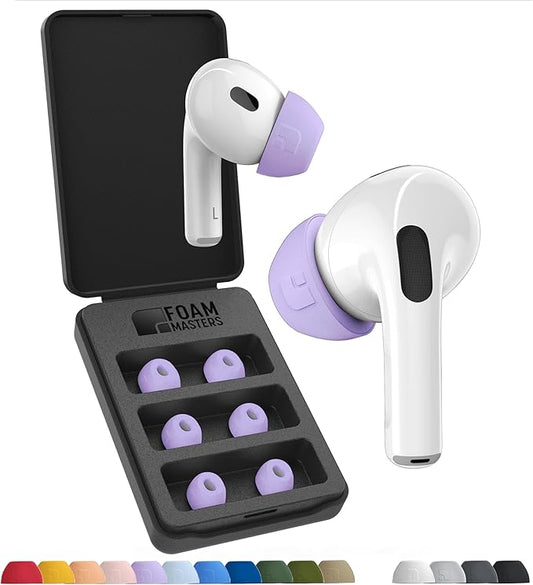 Foam Masters Ultra-Premium Memory Foam Ear Tips for AirPods Pro 1st & 2nd Gen | 3 Pairs | New Ver. | Secure Fit | Super Comfort | Better Noise Cancel | Replacement Buds (Assorted S/M/L, Lilac Purple)