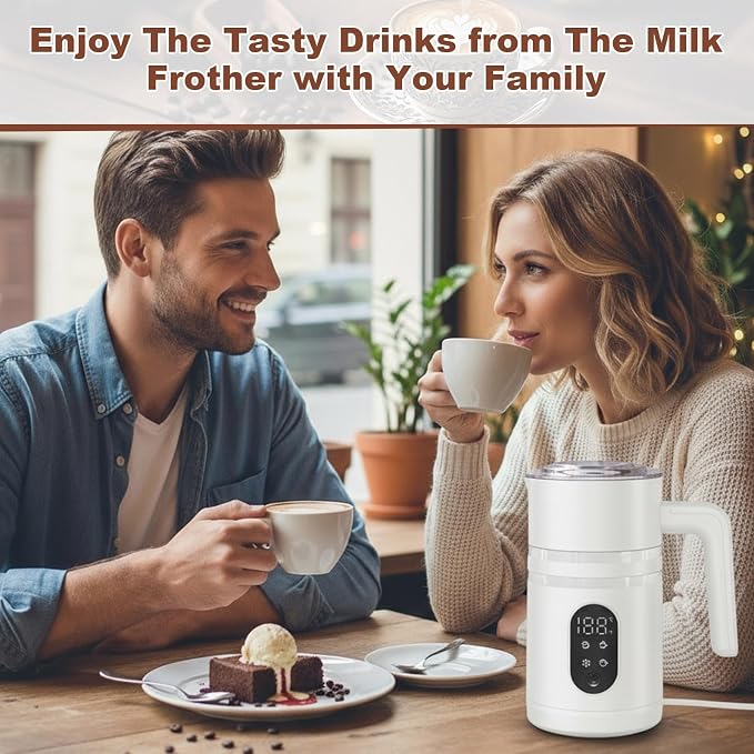 4 in 1 Electric Milk Frother Automatic Hot & Cold Foam Maker Auto Shut-Off Durable Stainless Steel Milk Frother Silent Working Easy to Clean for Hot Chocolate (White-With Digital Display)