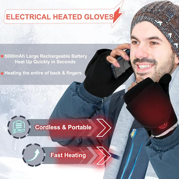 Heated Gloves for Men Women, Rechargeable Full & Half Hands Electric Fingerless Heated Mittens, 5000mAh Rechargeable Battery, 3 Heating Levels, Cold Winter Hand Warmer for Work Cycling Skiing Snow