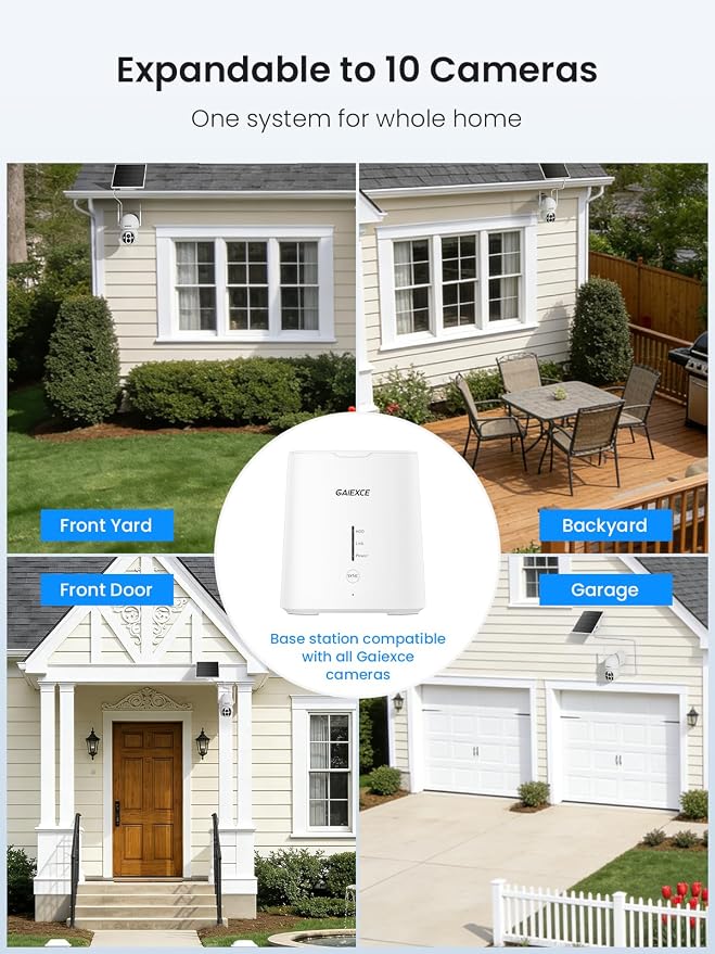 Solar Cameras Outdoor Wireless, No Subscription, Expandable to 10CH, 4 Cam Kit, Home Security Camera System, 4MP Color Night Vision, 360° Pan&Tilt, Auto Tracking, 2.4G/5G WiFi, 64G SD Card