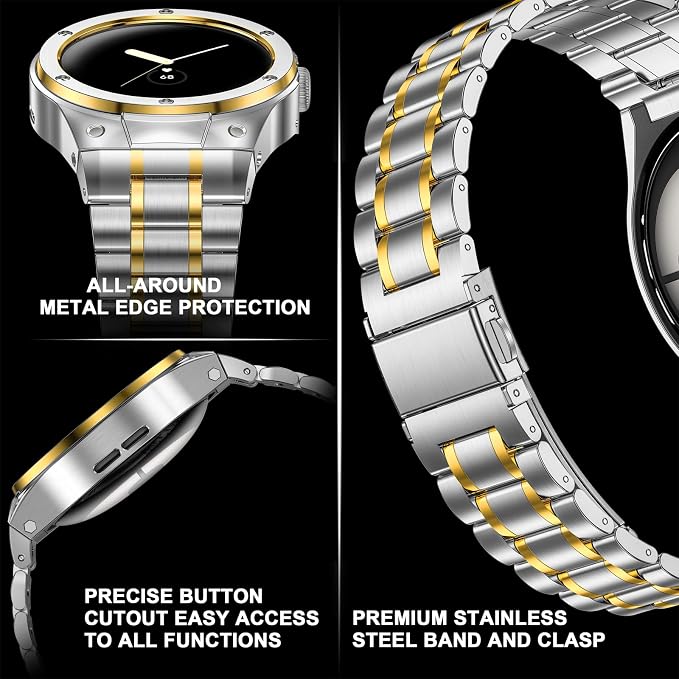 SUPLINK Stainless Steel Case and Bands Compatible with Google Pixel Watch 3 45mm Band for Men, Metal Case Adjustable Wristbands for Pixel Watch 3 Accessories Replacement Straps- Silver/Gold