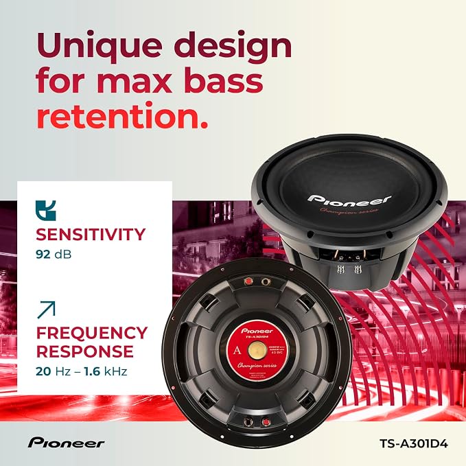 PIONEER TS-A301D4 - Powerful 12-inch Subwoofer, 1600 Watts Peak Power, Dual 4 Ohm Voice Coil for Powerful Bass