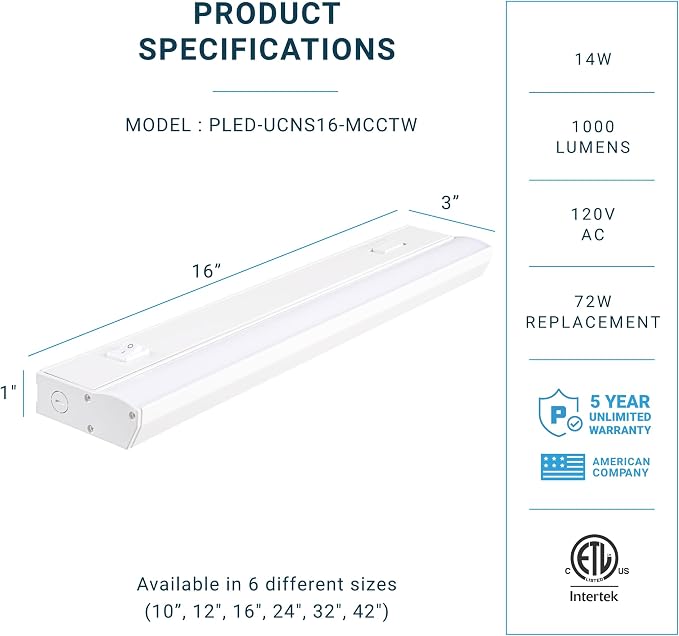 PARMIDA LED Under Cabinet Lighting, Hardwired Installation, 16 Inch, 14W, 5CCT Color Selectable - 2700K/3000K/4000K/5000K/6000K, ETL Listed, 120V, Dimmable, 1000 Lumens, White Finish
