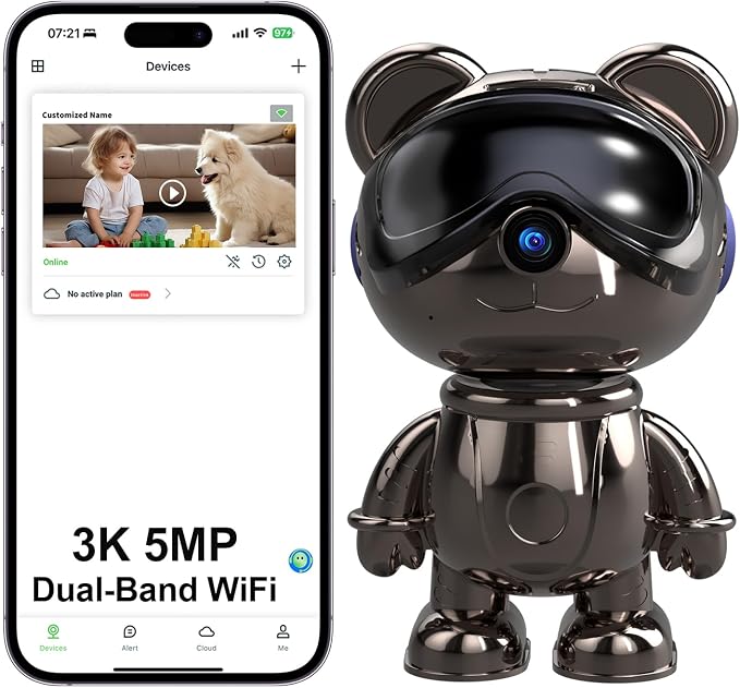 Cute Bear 3K Security Camera – Indoor WiFi Baby Monitor & Pet Camera with AI Motion Tracking & Auto-Follow, 5MP Pan/Tilt, Anti-Glare IR Night Vision, Privacy Mode, Works with Alexa & Google Home（TDB5）