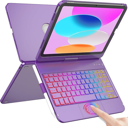 HOTLIFE for iPad A16 11th Generation/10th Generation Case with Keyboard,Touch Keyboard for iPad 11" /10th Gen 10.9 inch 2022-10 Color Backlight, 360° Rotatable Protective Cover (Purple)