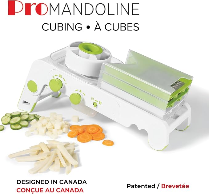Starfrit Cubing Pro Mandoline Slicer, Dicer - 4 Blades & Graters with Storage Box - Straight & Crinkle V-Blades, Fine & Coarse Graters - 10 Thickness Settings, 3 Julienne Sizes - Self-Feeding Pusher